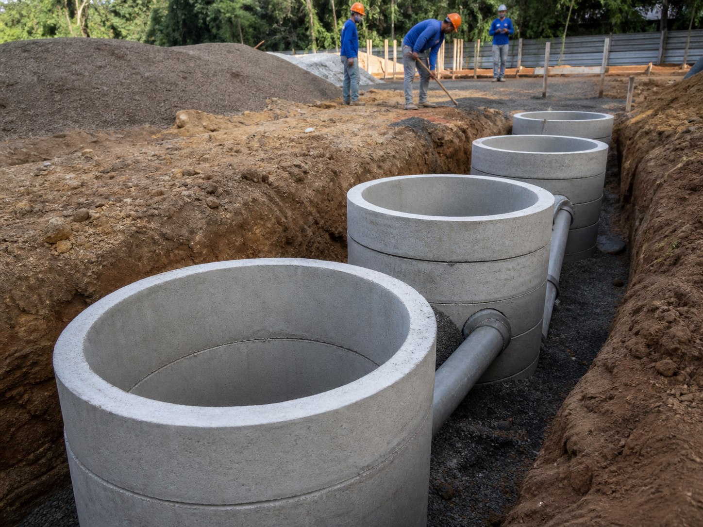 Sistema de esgoto em concreto instalado em uma obra